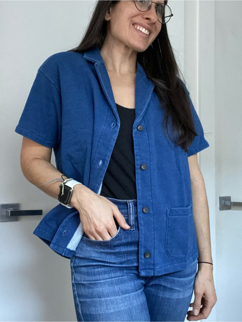Madewell 3-Piece Indigo Blue Short-Sleeve Button Jacket, Tank, & Shorts Set